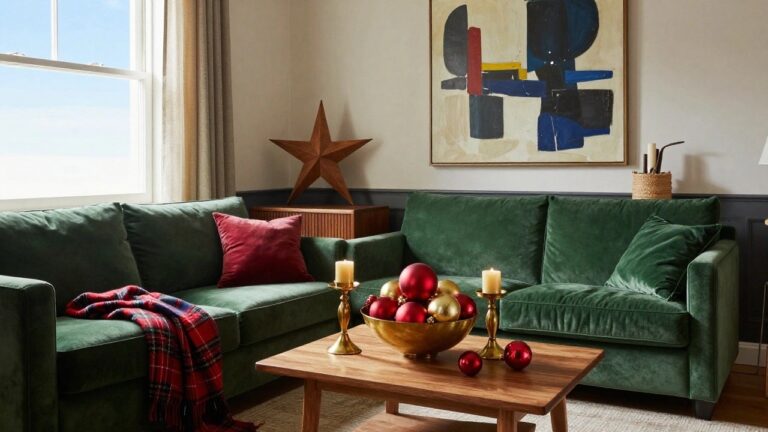 18 Bold Christmas Decor Ideas That Stand Out From the Rest Living room with emerald green velvet L-shaped sofa, Christmas tree decorated with red and gold ornaments near a window, wooden coffee table holding a bowl of apples and brass candlesticks, white fireplace, and sage green walls.