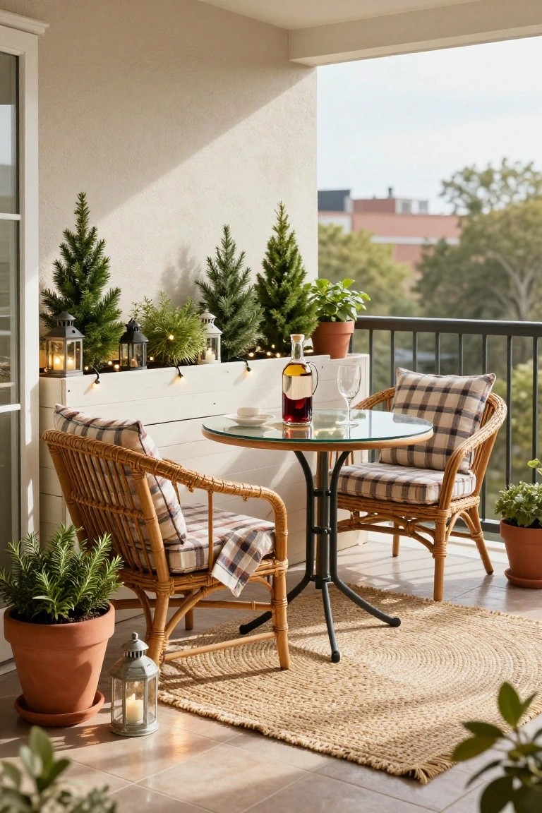 Balcony setup with white railing box holding small Christmas trees, string lights, and plants; wicker chairs and round glass table nearby; potted herbs, lanterns, and cityscape view in background.