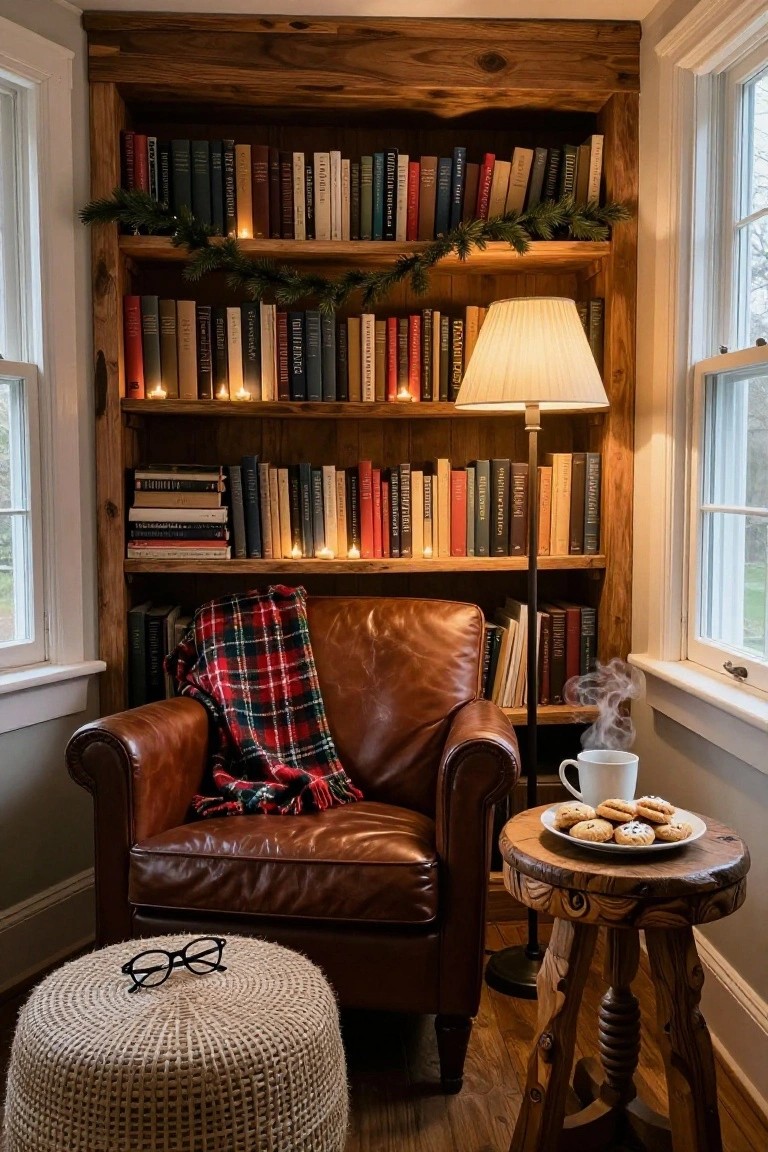 Wooden built-in bookshelves lining a room corner, filled with books and decorated with evergreen garland and lit candles, beside a leather armchair draped with red plaid blanket, small wooden side table holding mug of steaming tea and plate of cookies, floor lamp, ottoman with eyeglasses, and two tall windows.