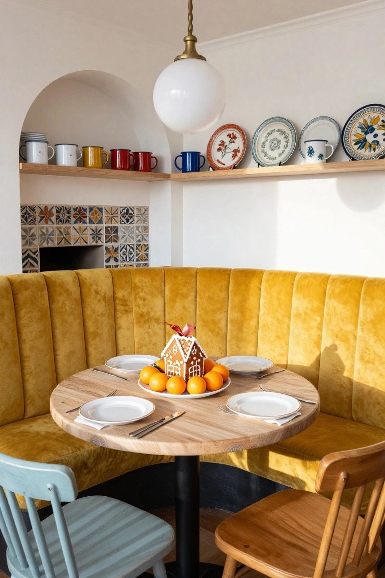 Curved yellow velvet banquette around a round wooden table set with a large gingerbread house centerpiece, oranges on a plate, white plates, cutlery, and napkins, with blue and wooden chairs, shelves of mugs and plates, and a tiled fireplace in a white interior.