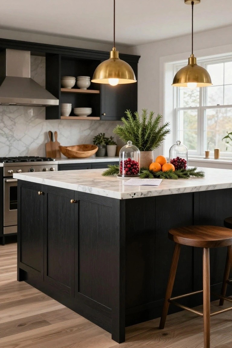 Modern kitchen featuring black cabinetry, marble island, and brass pendant lights, with fresh fruit.