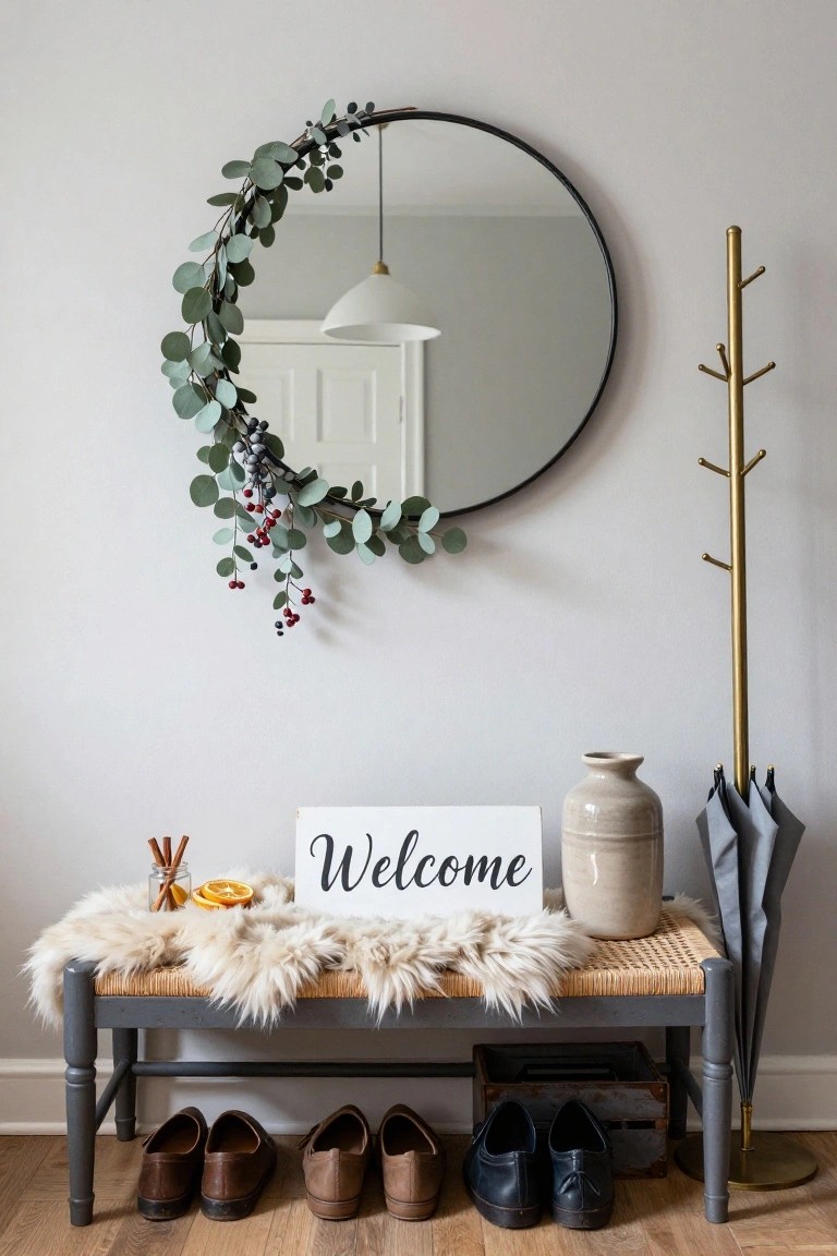 Round black mirror with eucalyptus garland and red berries draped around it in a light entryway, next to a fur-covered bench holding a welcome sign, vase, and cinnamon sticks, with shoes on the floor, coat rack, and umbrella stand nearby.