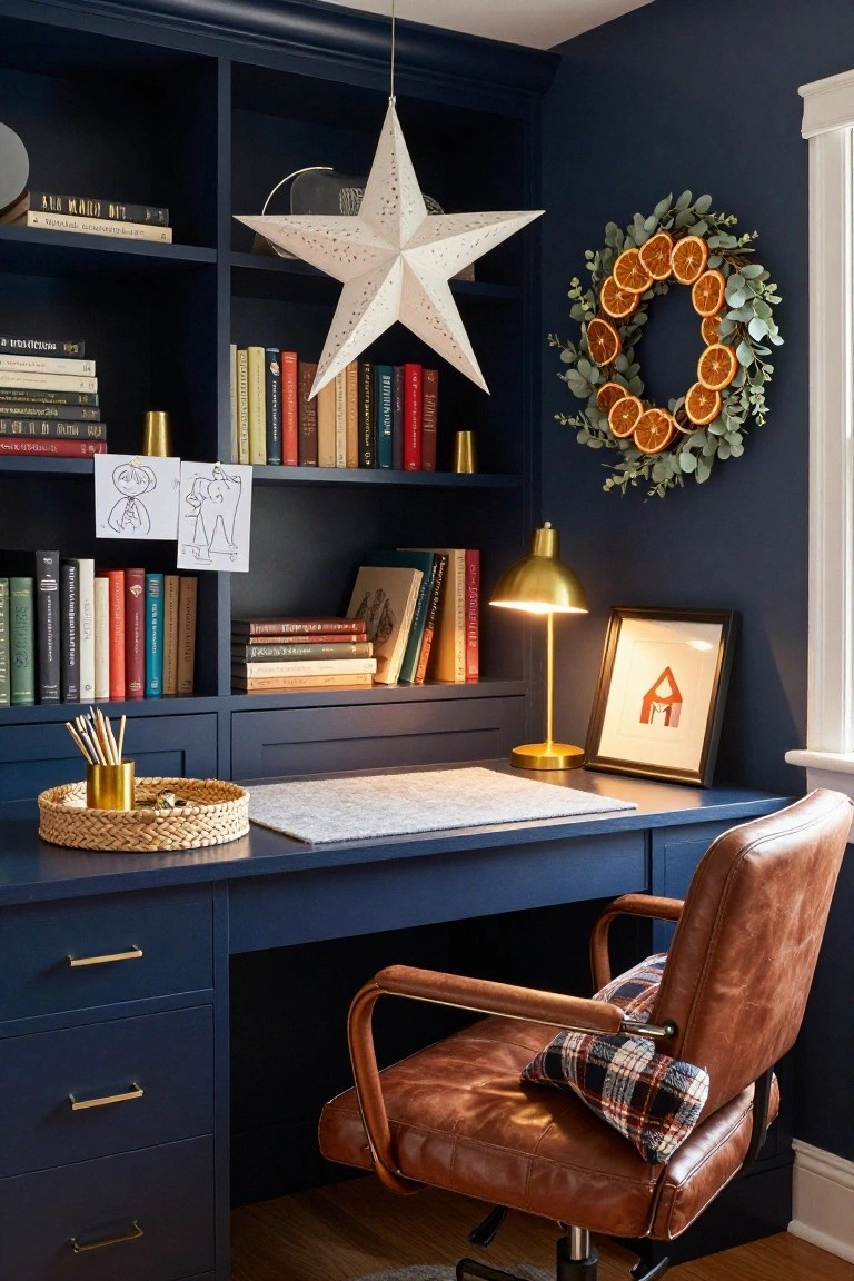 Navy blue built-in bookshelves and matching desk in a home office, with a hanging white paper star ornament, a wall wreath of dried oranges and eucalyptus, brass desk lamp, leather desk chair, books, and children's drawings pinned up.