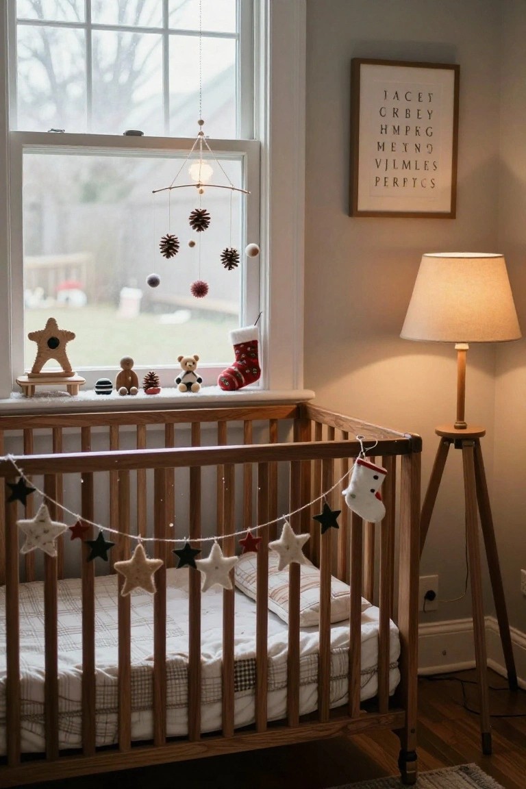 Wooden crib in a light gray nursery decorated for Christmas with a garland of white, red, and green felt stars along the rails, a small white Santa stocking hanging from the side, wooden toys and a Christmas stocking on the windowsill, pinecone mobile above the window, and a floor lamp nearby.