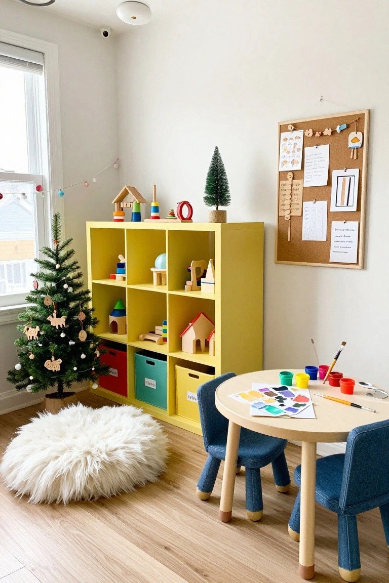 A child's playroom with yellow cube shelving filled with wooden toys, two small decorated Christmas trees, a round wooden table with paint pots and brushes, blue upholstered chairs, and a large white fluffy pouf rug on light wood floors.