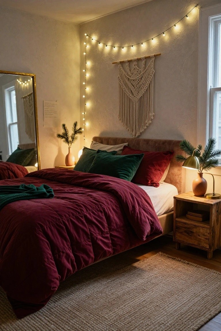 Cozy bedroom with burgundy bedding, fairy lights, macramé wall art, and a wooden nightstand.