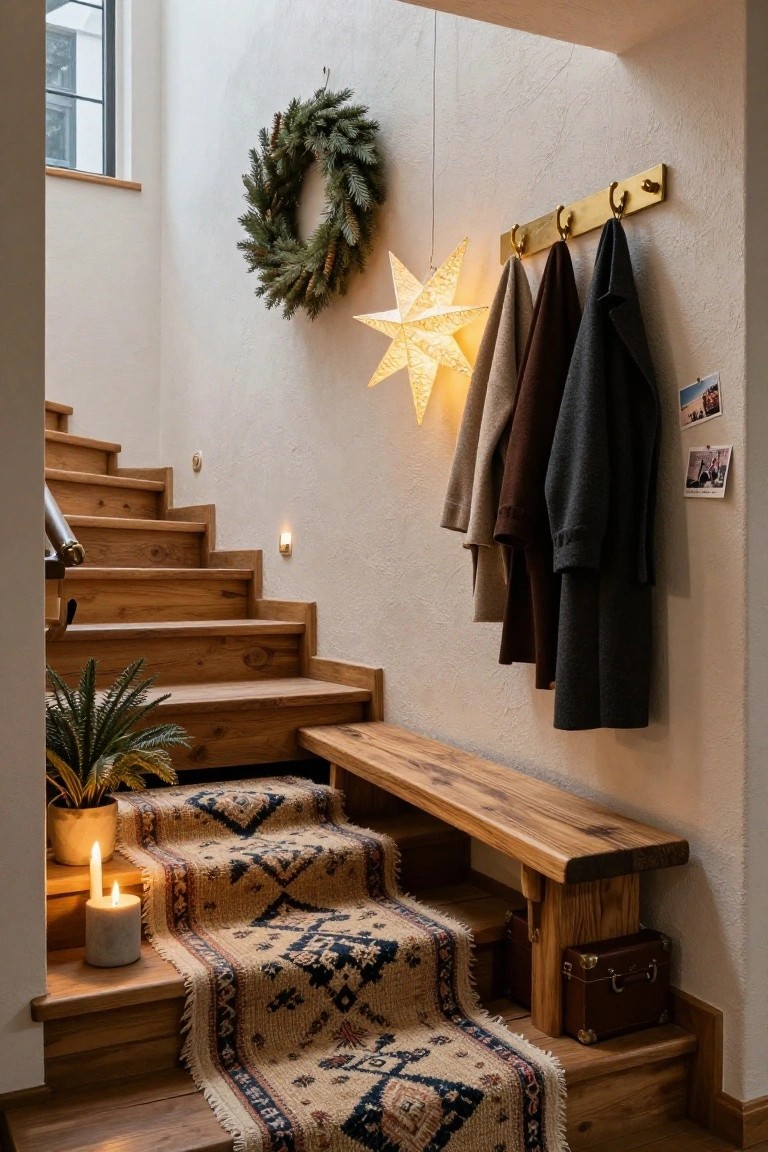 Wooden staircase in a light interior with beige walls, gold coat hooks holding several neutral coats, large Christmas wreath and glowing paper star lantern above, wooden bench at base, potted plant, candle, and rug on steps.