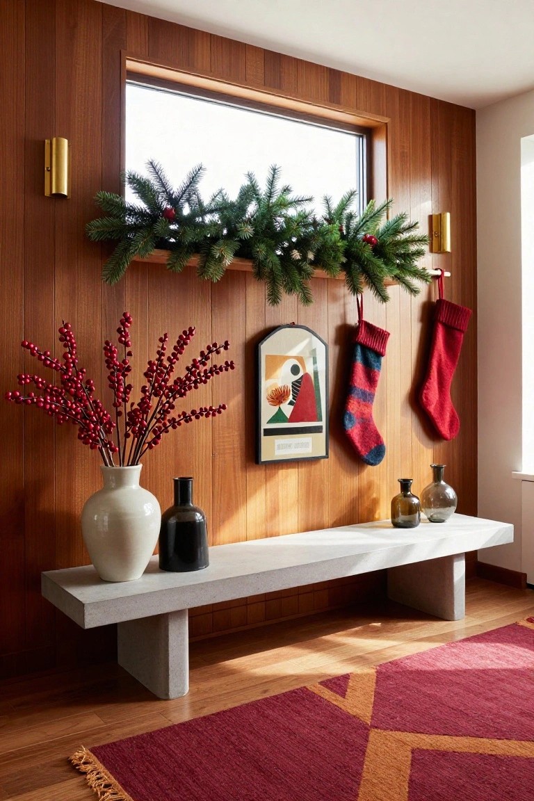 Wood-paneled interior wall with a clerestory window, evergreen garland draped above, two colorful Christmas stockings hanging from hooks, white and black vases with red-berried branches on a concrete bench, and a red geometric rug on wood flooring.