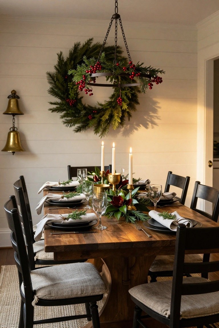 Dining room with a large evergreen wreath hanging from chains above a wooden table set for Christmas dinner, featuring candles, greenery centerpieces, black plates, wine glasses, and black chairs on a seagrass rug against white shiplap walls.