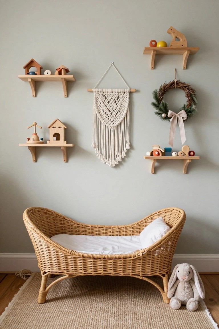 Light gray nursery wall with wooden shelves displaying wooden toys, a macrame wall hanging, and an evergreen Christmas wreath with a white ribbon bow, beside a wicker bassinet on a rug with a stuffed bunny nearby.