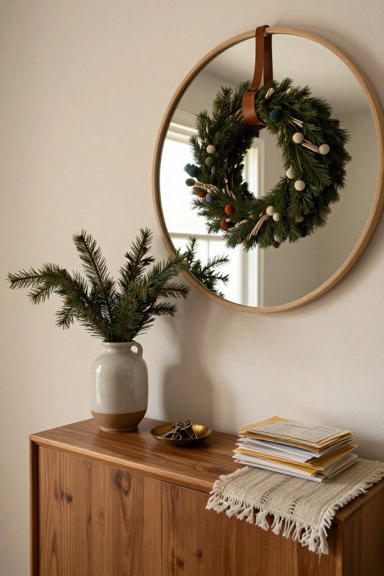 Round gold-framed mirror with brown leather strap hanger and evergreen Christmas wreath featuring pinecones, berries, and pom poms above a wooden console table with a white vase of greenery, brass key tray, and stack of mail on a woven runner.