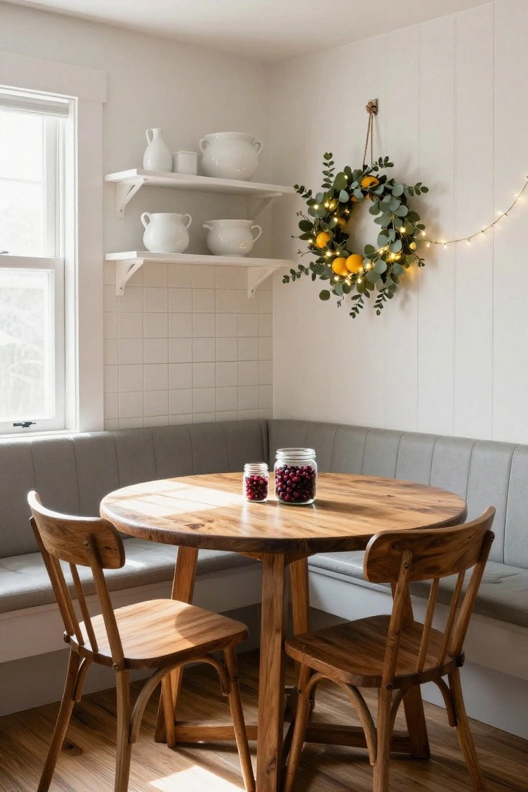 Kitchen breakfast nook with gray booth seating, round wooden table, wooden chairs, white shelves holding white pottery, window with blinds, and eucalyptus wreath with lemons and fairy lights hanging on white paneled wall.