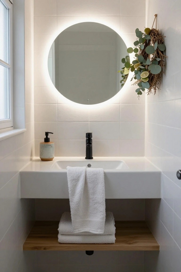 Modern white tiled bathroom with round backlit mirror, floating sink, black faucet, terracotta soap dispenser, stacked white towels on wooden shelf underneath, and eucalyptus wreath with limes hanging on wall next to window.