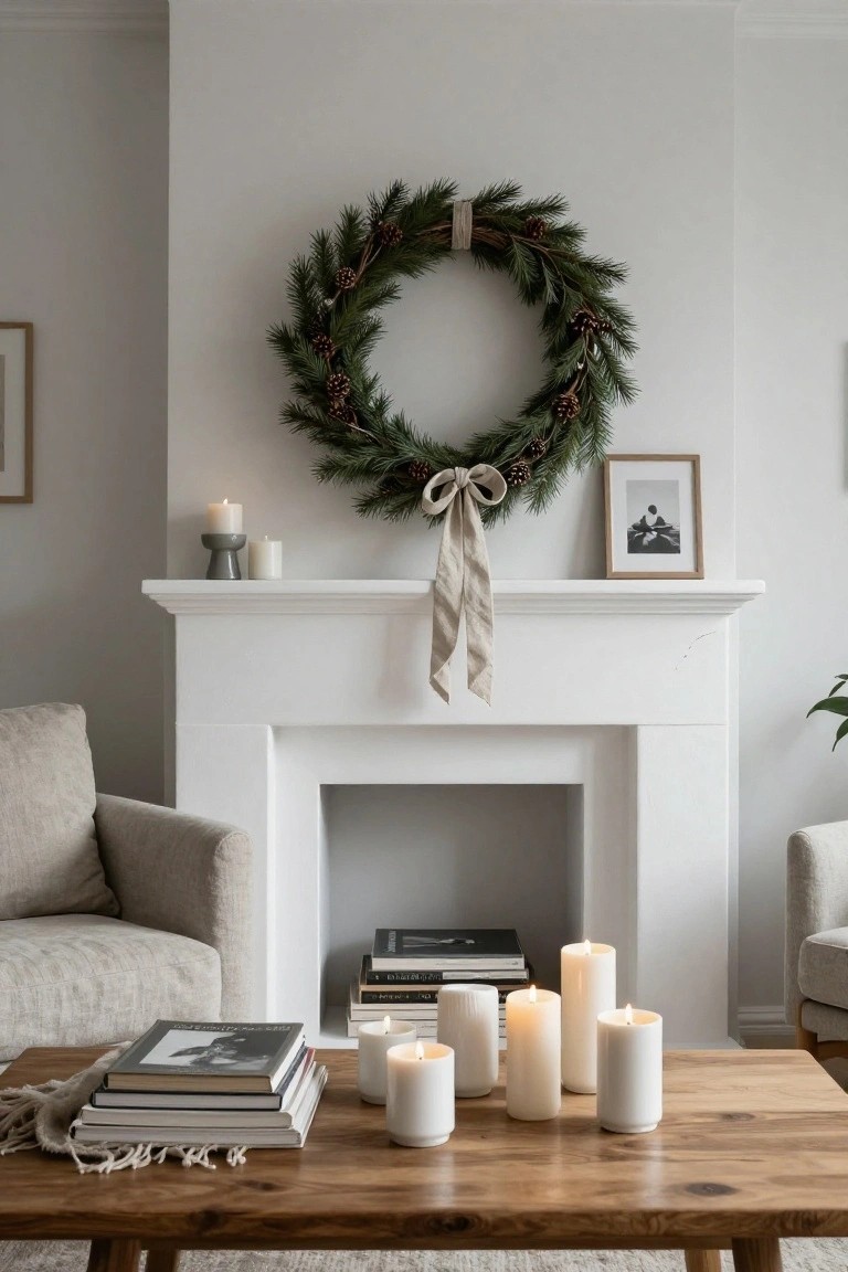 White fireplace mantel with a green pine Christmas wreath tied with a beige linen bow, flanked by gray candle holder and white candles, a framed black-and-white photo, coffee table with stacked books and white candles, neutral sofas in background.
