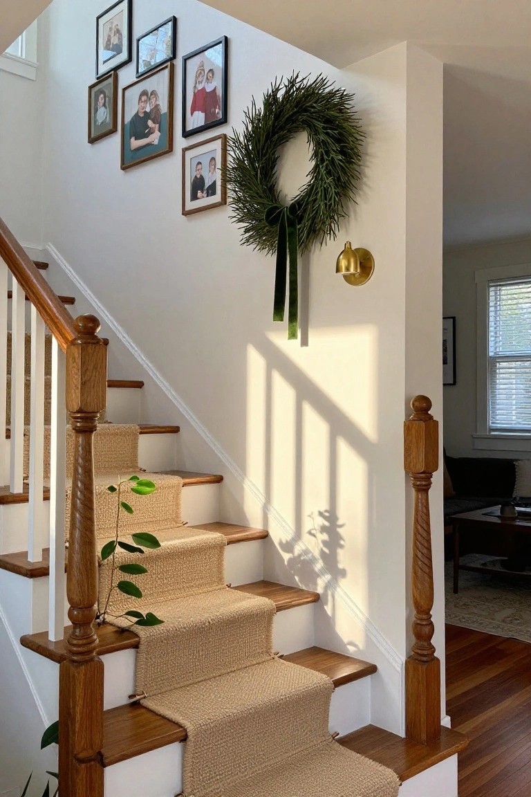 Green evergreen wreath with green ribbon hangs on white stairwell wall next to wooden staircase with beige carpet runner, family photos in frames, gold wall sconce, and potted plant on stairs.