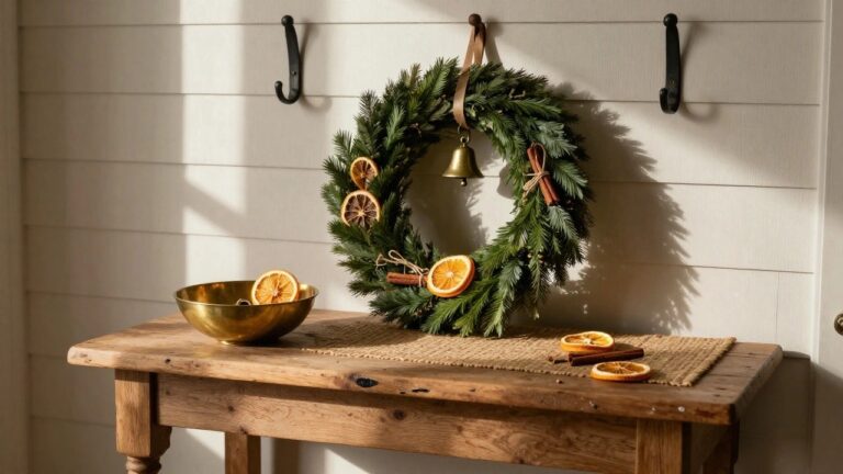 18 Budget Christmas Wreath Ideas That Save Money Without Sacrificing Style Christmas wreath of green pine branches, dried orange slices, cinnamon sticks, and brass bell hanging on light gray horizontal wood plank wall above wooden bench with brass bowl and seagrass placemat holding dried orange slice.