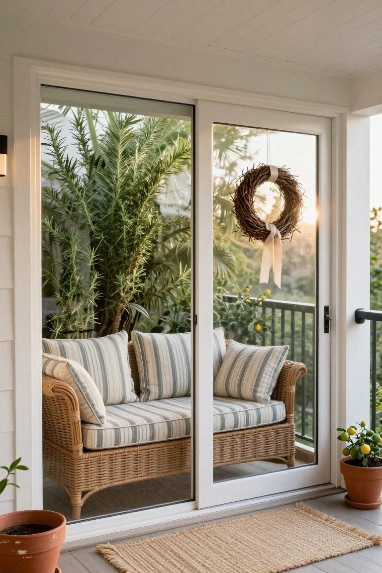A cozy porch with a wicker couch, striped cushions, a wreath, and potted plants.