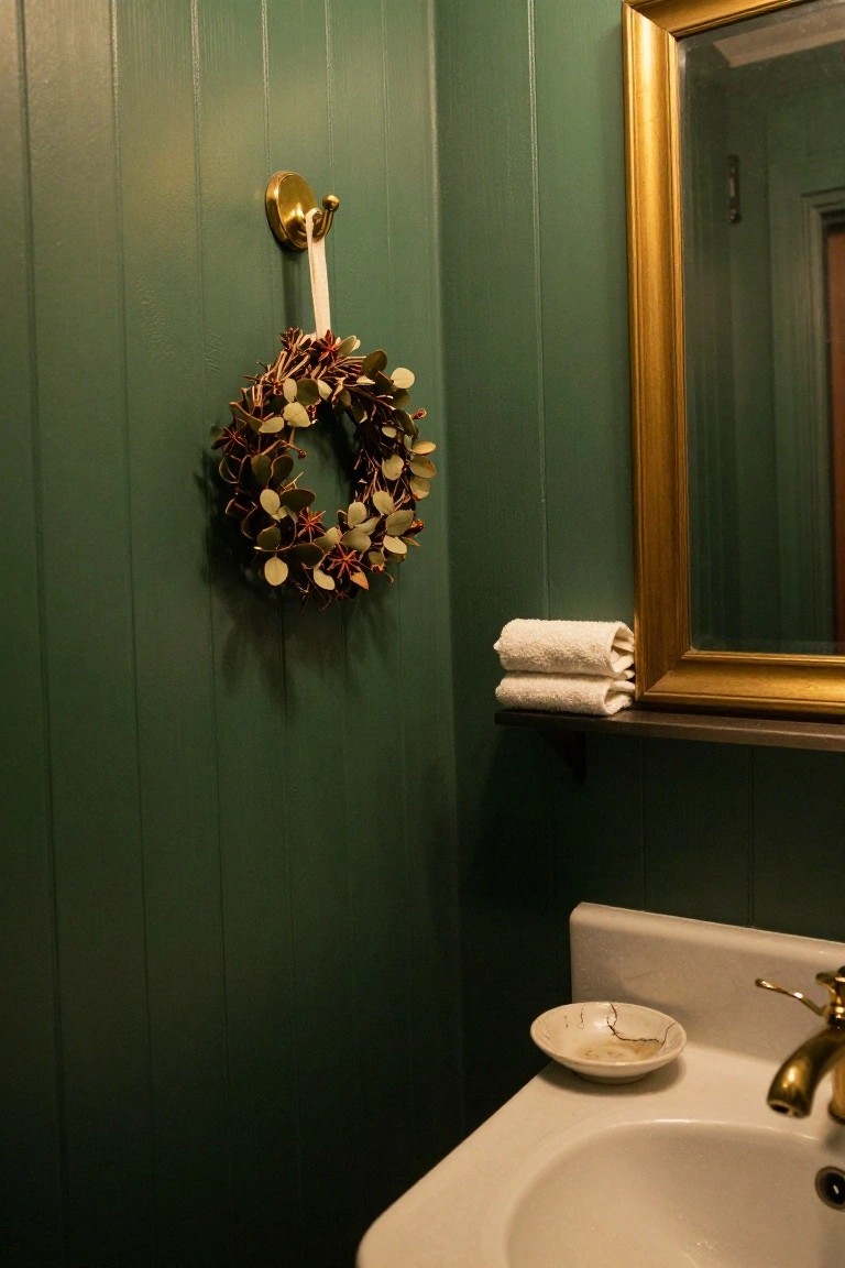 Green paneled bathroom wall with a circular wreath of dried eucalyptus leaves and star anise hanging from a gold hook, beside a gold-framed mirror over a shelf with stacked white towels, and a white sink with brass faucet below.