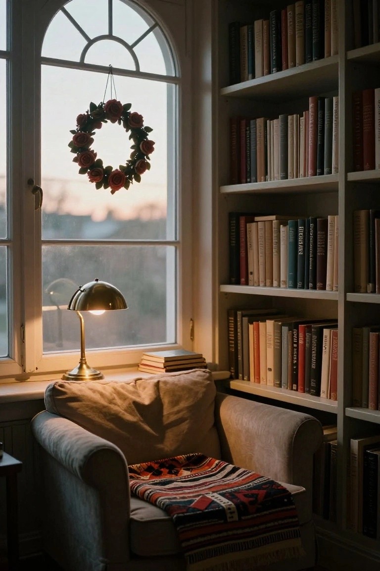 Arched interior window with pink rose wreath hanging from it, beside bookshelves filled with books, a beige armchair with colorful blanket, brass lamp on windowsill, and warm evening light.
