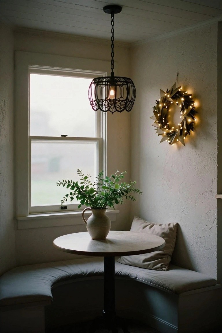 Indoor corner nook with beige curved bench seating around a round wooden table holding a terracotta vase of green eucalyptus branches, black metal pendant light hanging above, white window with fogged glass, and a lighted gold leaf starburst wreath on the textured white wall.