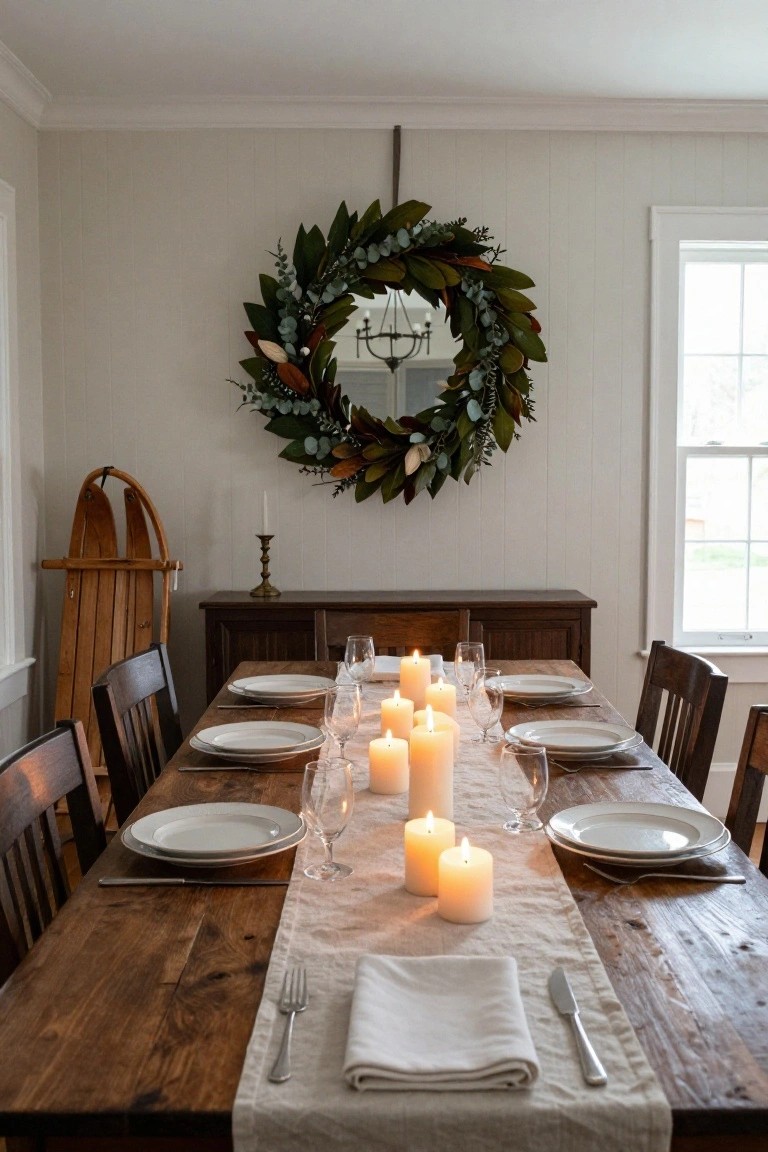 Dining room with wooden table set with white plates, wine glasses, forks, knives, napkins, and multiple white pillar candles on a linen runner; large wreath of magnolia leaves and eucalyptus above a mirror on paneled wall, wooden credenza, sleigh, and chairs nearby.