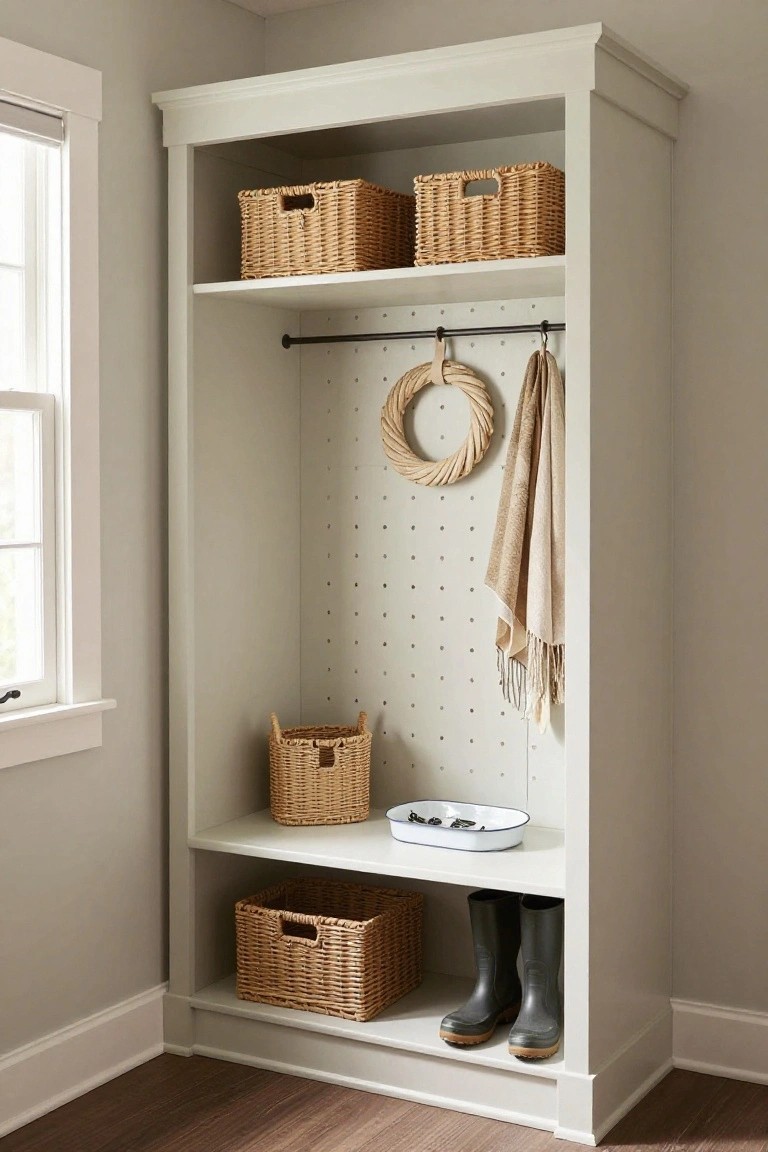 Tall open white cabinet against a light gray wall with wicker baskets on shelves, pegboard panel holding a seagrass wreath, hanging scarf, and hooks, plus rubber boots on the bottom shelf in a room with wood flooring.