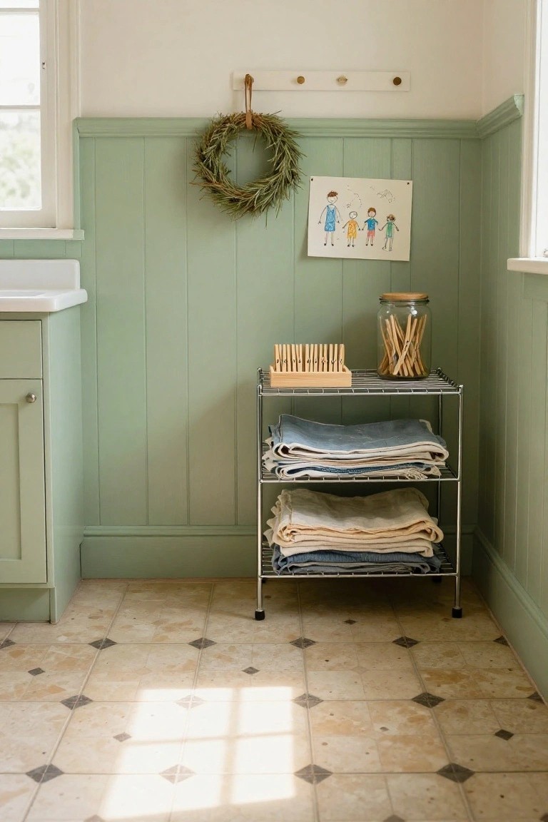 Mint green wainscoted laundry room with a dried grass wreath hanging from a peg rail, child's crayon drawing of a family on the wall, wire shelf holding folded linens and clothespins jar, pedestal sink, and tiled floor.