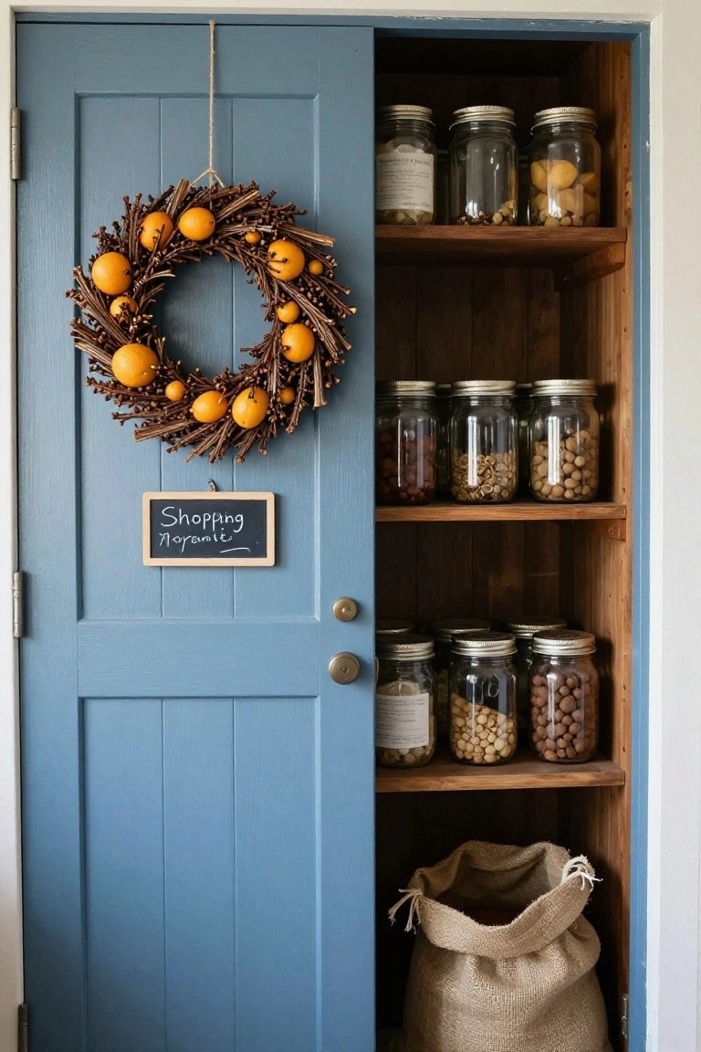 Blue wooden pantry door slightly ajar with a wreath of dried oranges and twigs hanging on it, a chalkboard shopping list sign nearby, and open shelves inside filled with glass jars of nuts, grains, and beans plus a burlap sack at the bottom.