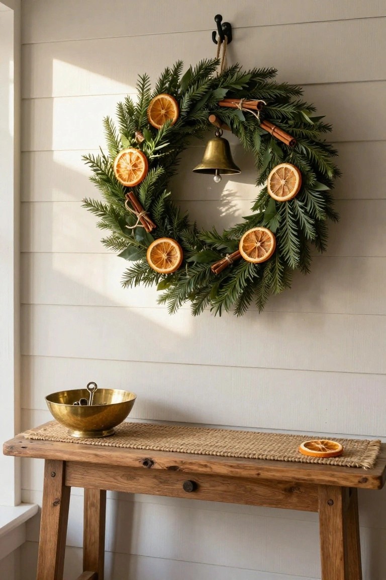 Christmas wreath of green pine branches, dried orange slices, cinnamon sticks, and brass bell hanging on light gray horizontal wood plank wall above wooden bench with brass bowl and seagrass placemat holding dried orange slice.