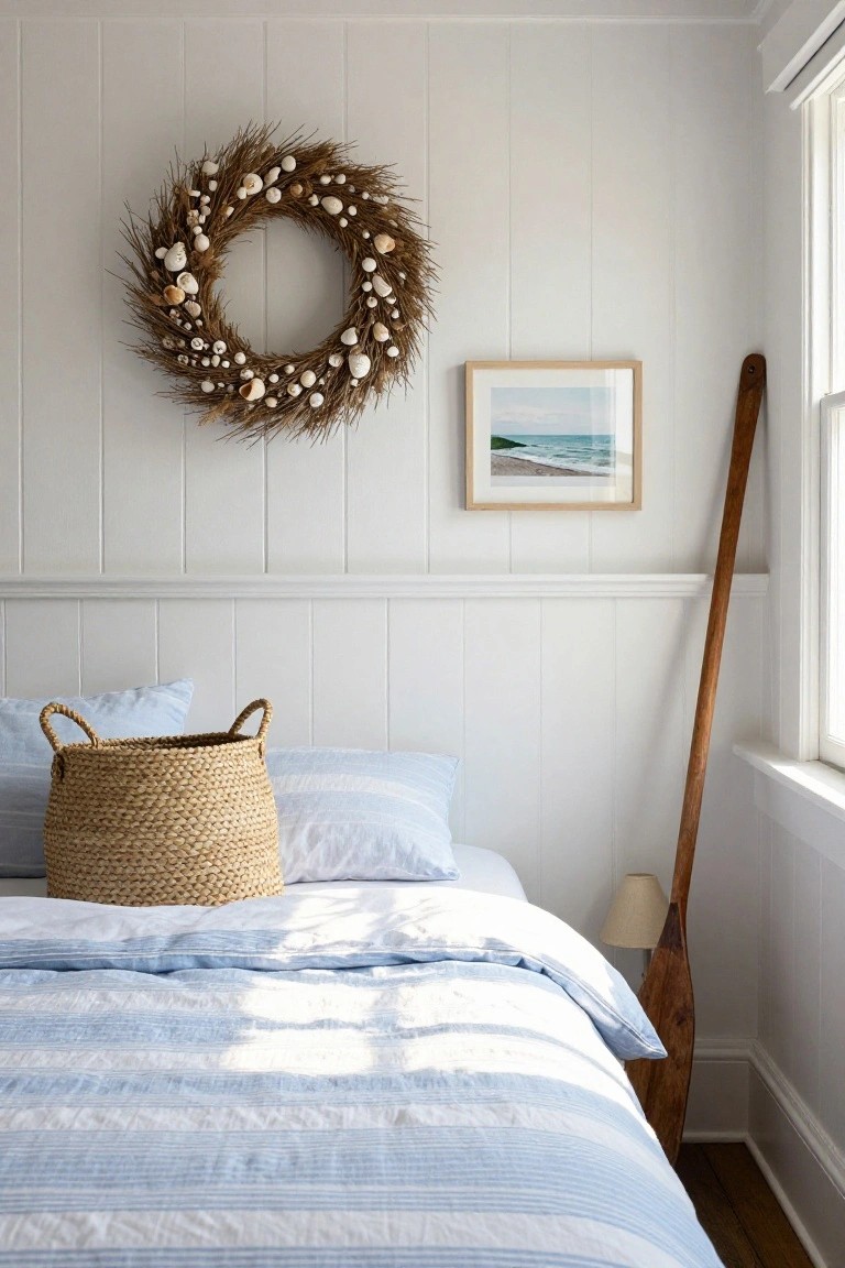 White paneled bedroom interior with seagrass and seashell wreath hung on wall above bed with blue striped linens, wicker basket on bed, wooden oar by window, and small beach photo in frame.