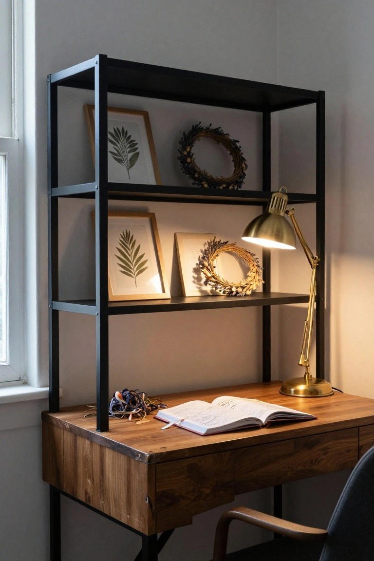 Black metal open shelving unit displaying gold-framed pressed leaf artwork, two dried flower wreaths, and a brass adjustable desk lamp above a wooden desk with an open notebook, hair ties, pens, and a black desk chair in a white room with a window.
