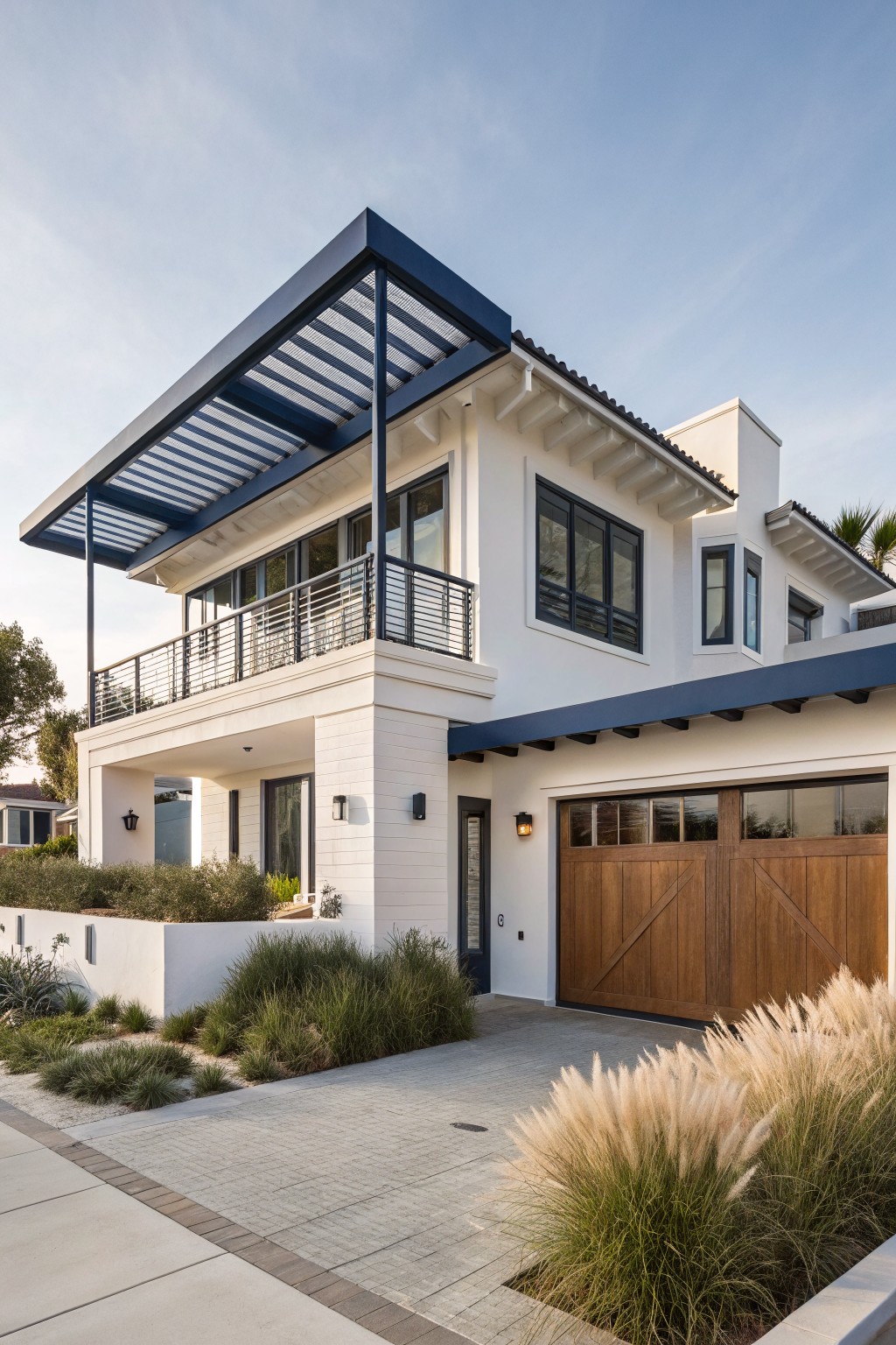 Two-story white stucco house exterior with blue metal canopy shading an upper balcony, dark wood garage door, and low-water landscaping along the driveway.
