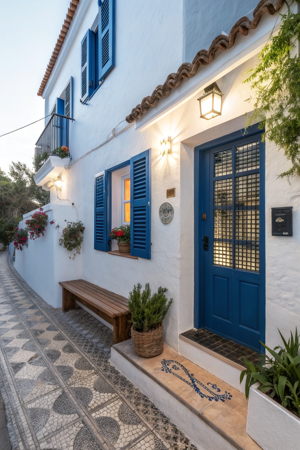 White stucco house exterior featuring blue wooden shutters on windows, a blue front door with metal grid window and lock, wooden bench, potted plants, lantern lights, and a mosaic tiled pathway leading to the entry.