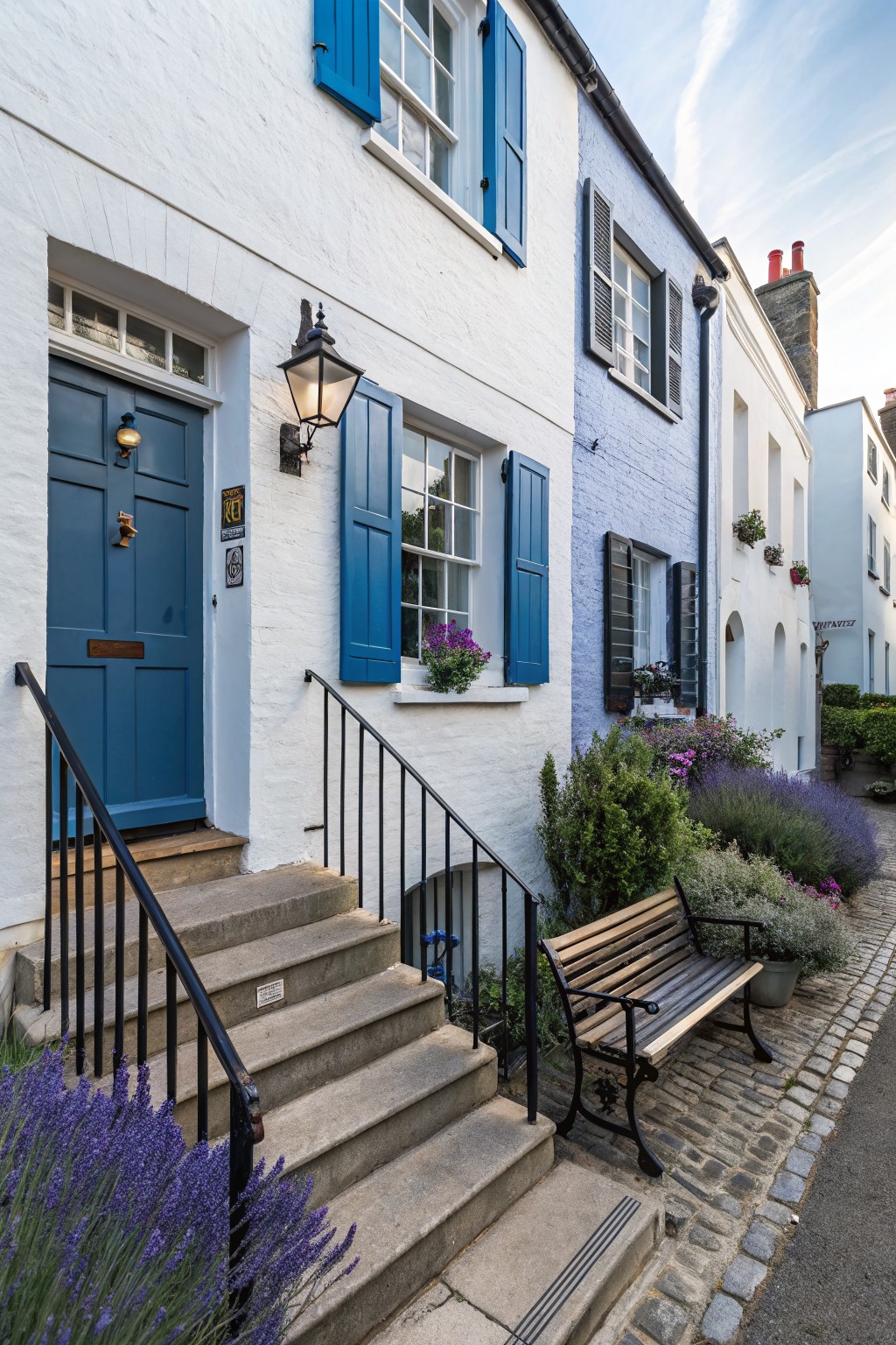 White brick terraced house with blue shutters, blue front door on raised concrete steps with black metal railing, purple lavender plants, and wooden bench on cobblestone path beside blue and white neighboring houses.