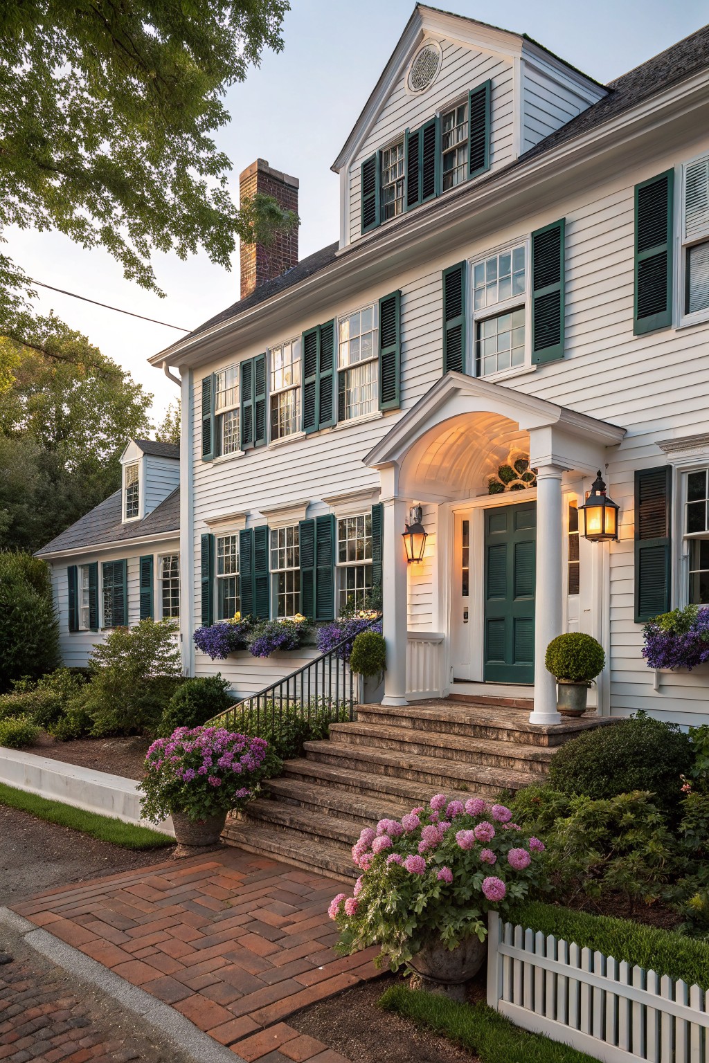 Two-story white clapboard house with dark green shutters and a white pedimented portico supported by columns framing a dark green front door, flanked by lanterns and topiaries, brick steps leading to a brick walkway, surrounded by potted flowers and landscaping.