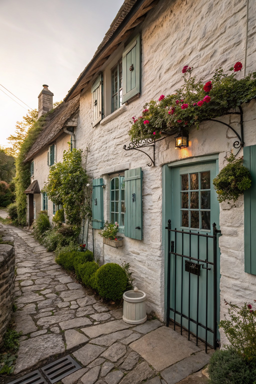 White stone cottage with thatched roof and teal blue shutters, turquoise front door behind black wrought iron gate on stone pathway, climbing red roses over arched entryway, potted plants, lantern light, at dusk.