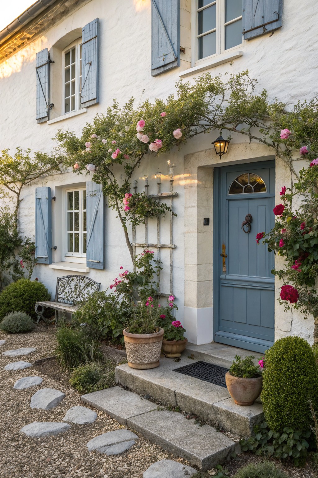 White stucco house exterior with blue shutters, a blue arched front door framed by pink climbing roses on a trellis, flanked by potted plants, a bench, and a gravel stone path.
