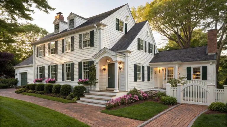 Two-story white clapboard house with dark green shutters and a white pedimented portico supported by columns framing a dark green front door, flanked by lanterns and topiaries, brick steps leading to a brick walkway, surrounded by potted flowers and landscaping.