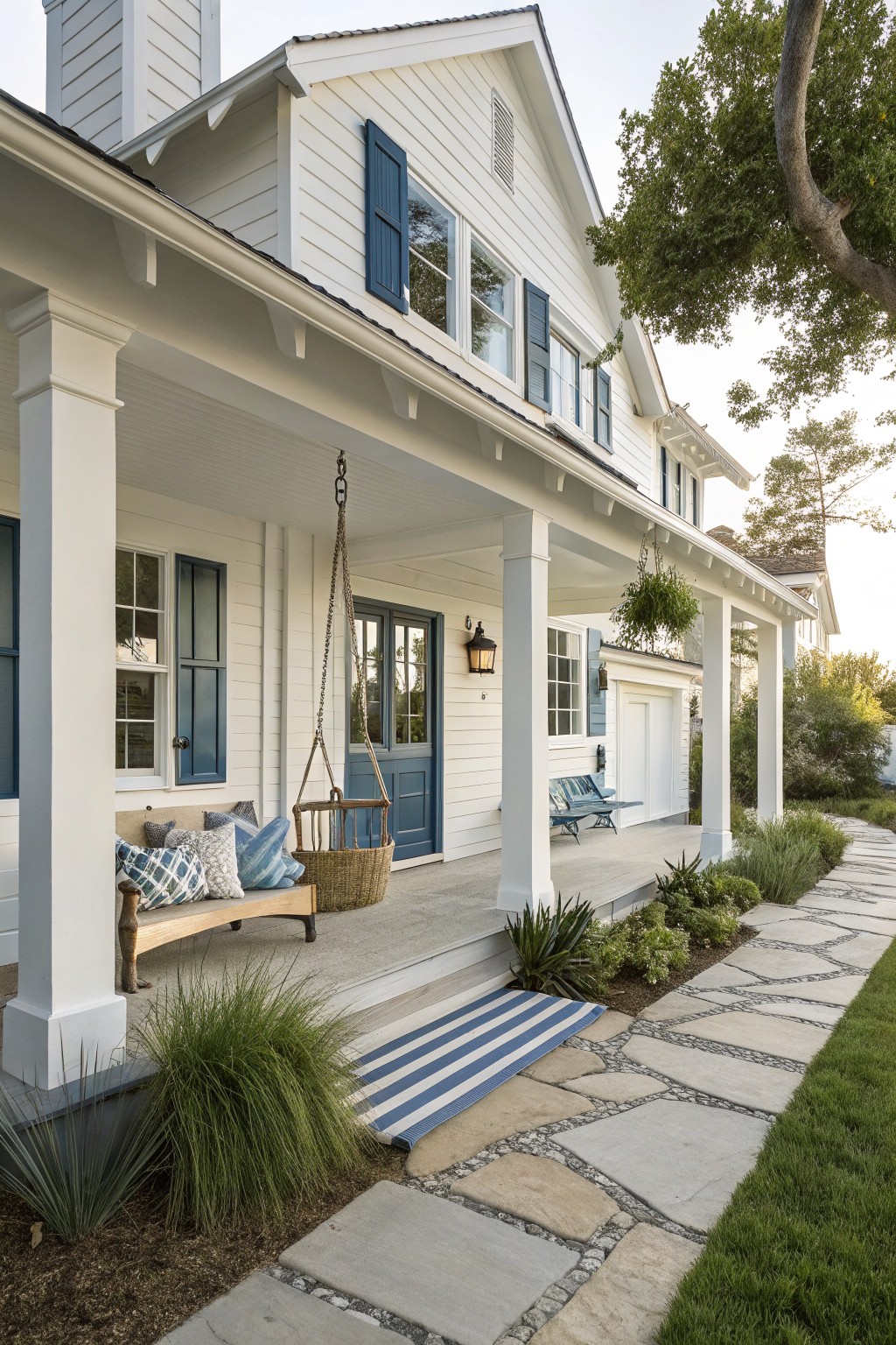 White clapboard house exterior with navy blue shutters and front door, featuring a porch with white columns, hanging wicker swing with blue pillows, stone walkway, and low grasses in the yard.