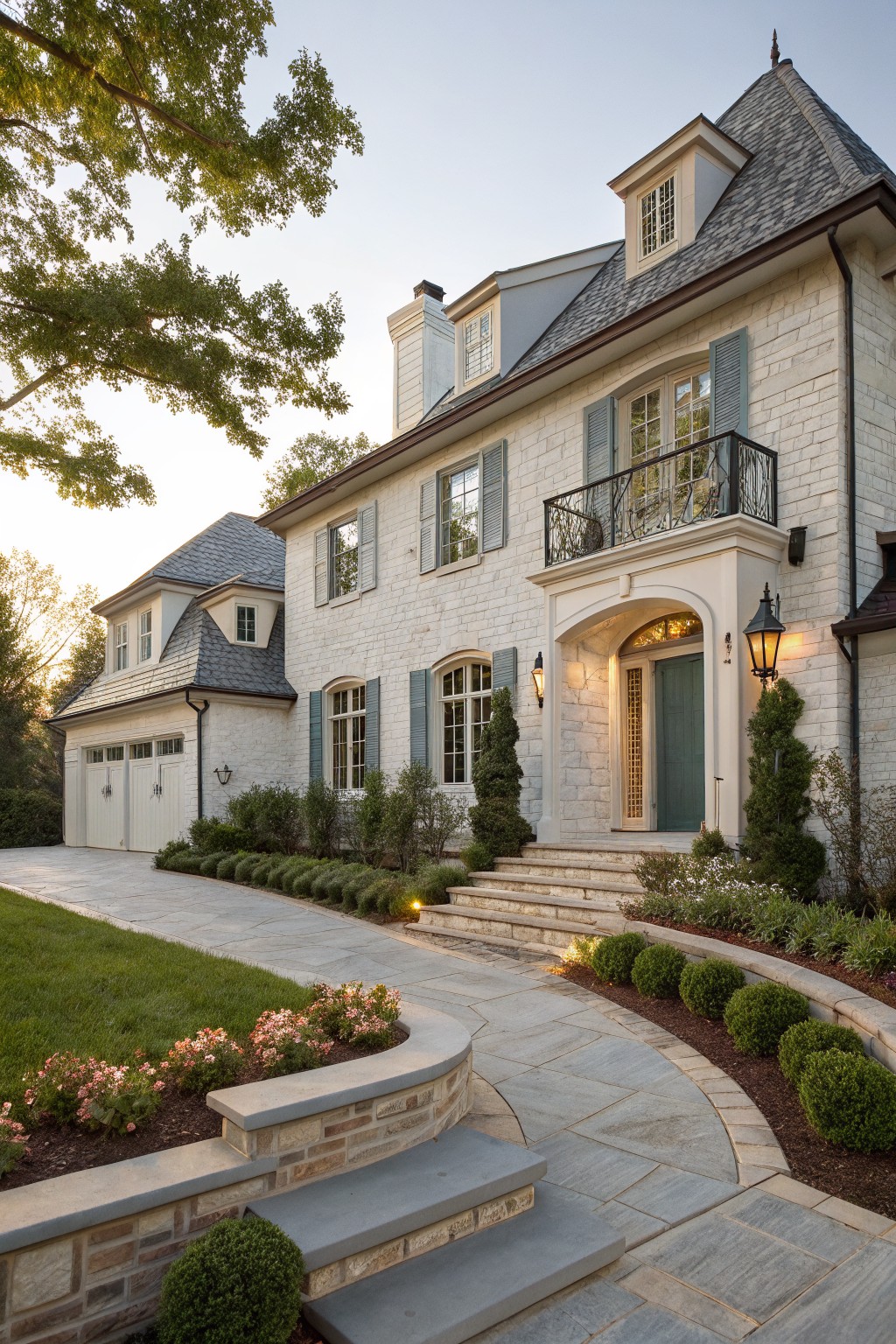 Two-story white brick house with blue shutters on multi-pane windows, dark green arched front door, attached garage, slate roof, stone steps, curved bluestone pathway, boxwood shrubs, and lawn in evening light.