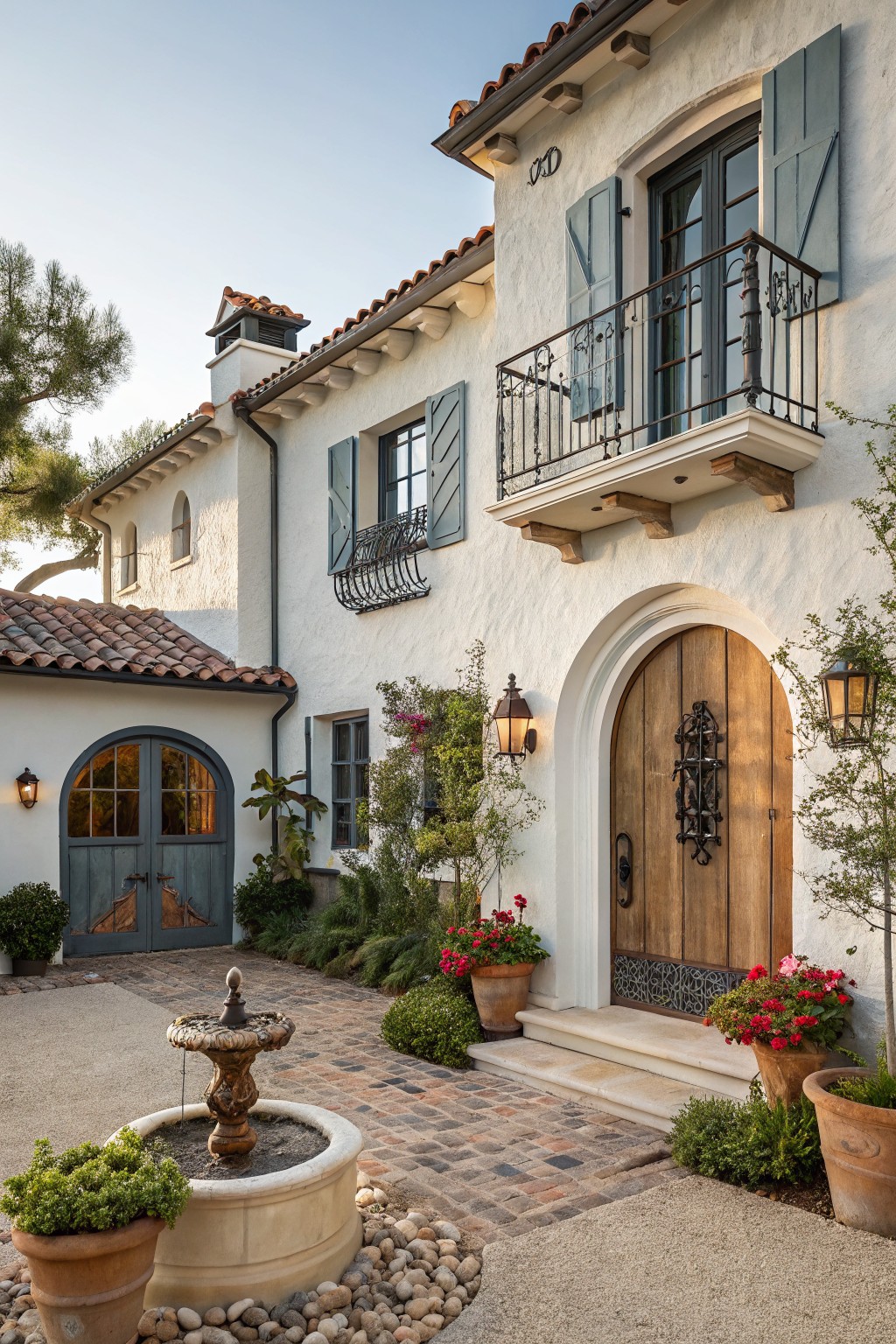 White stucco house exterior with blue shutters on windows and balcony, arched wooden front door with wrought iron accents, courtyard fountain, brick path, potted plants, and surrounding greenery.