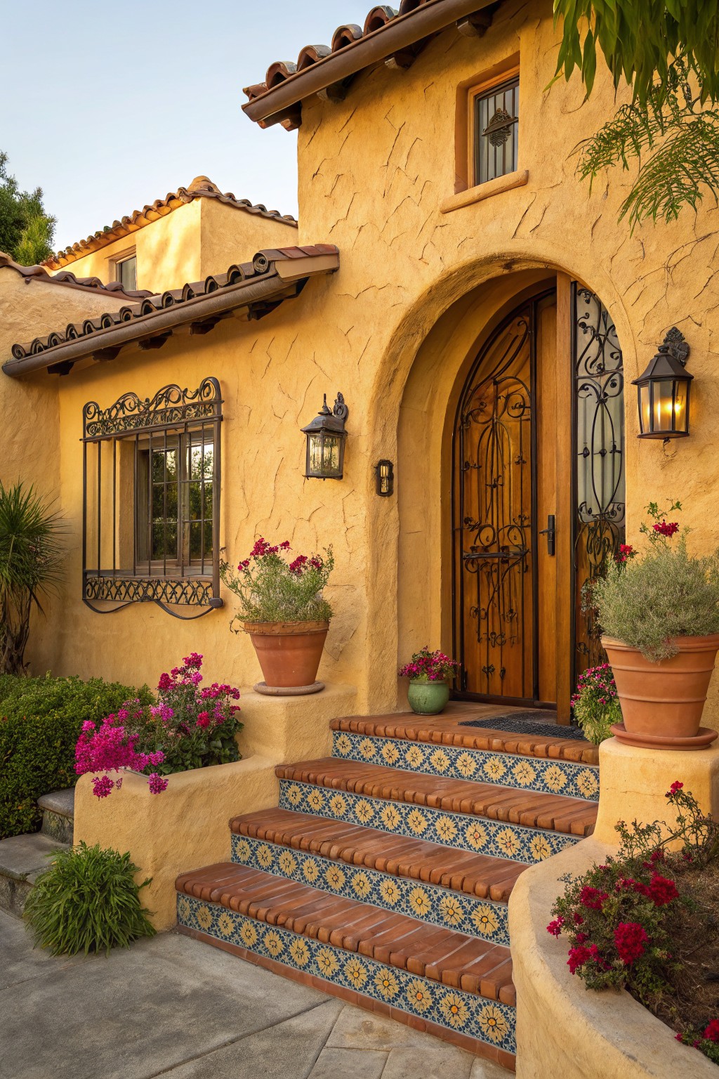 Yellow stucco house exterior with arched wooden front door behind ornate wrought iron gate, flanked by wall lanterns, potted plants, and colorful tiled steps.