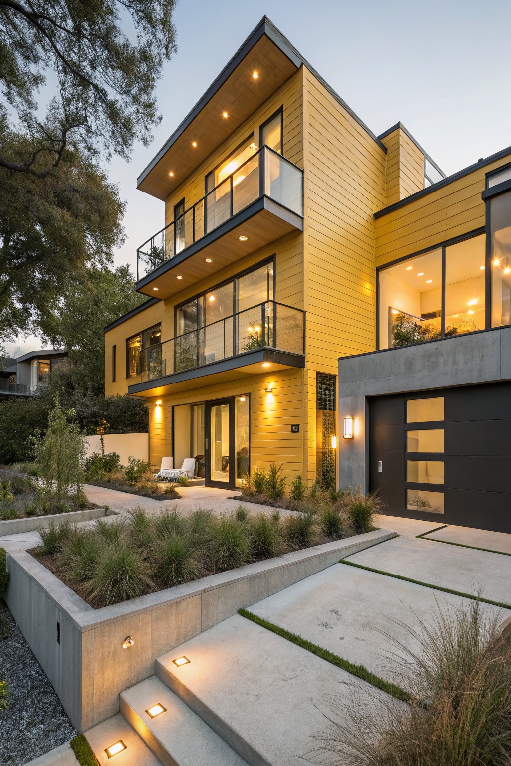 A three-story modern house with bright yellow vertical siding on upper levels, glass balconies, concrete base and retaining walls, black garage door, and landscaped entry steps with grasses at dusk.
