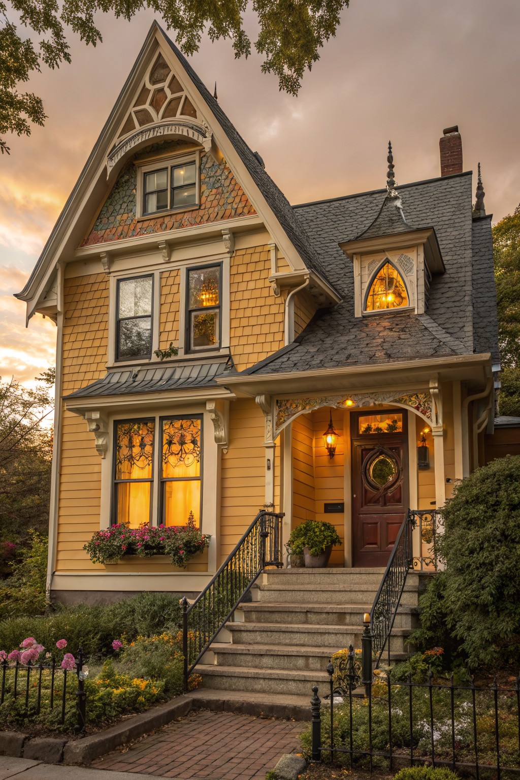A two-story yellow Victorian house with gabled roofs, ornate trim, stained glass windows, a front porch with lanterns, steps, and garden plantings at dusk.