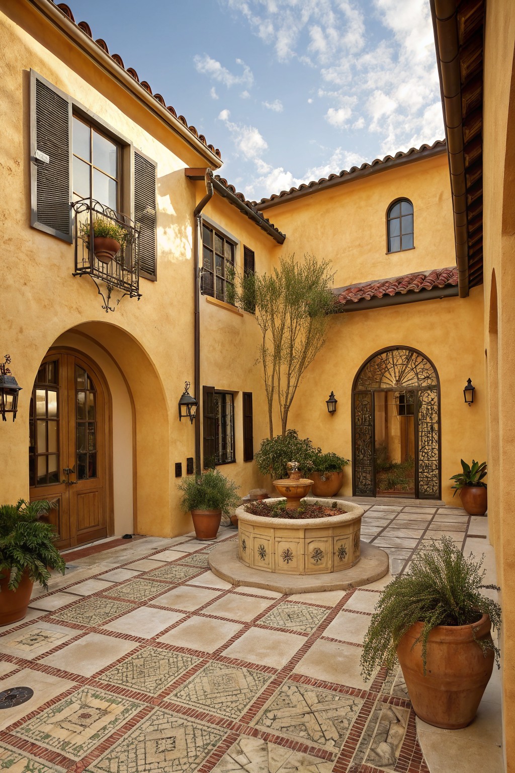 Yellow stucco courtyard featuring a central circular stone fountain surrounded by potted plants, arched wooden doors, wrought iron gates, and a tiled floor with geometric patterns under a partly cloudy sky.