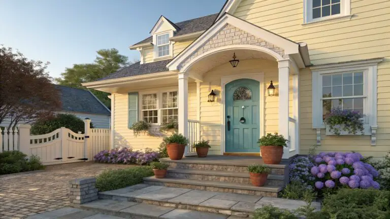 Yellow shingled house exterior with turquoise arched front door, white columns on porch, brick steps, white picket fence, potted plants, and flower beds in front yard.
