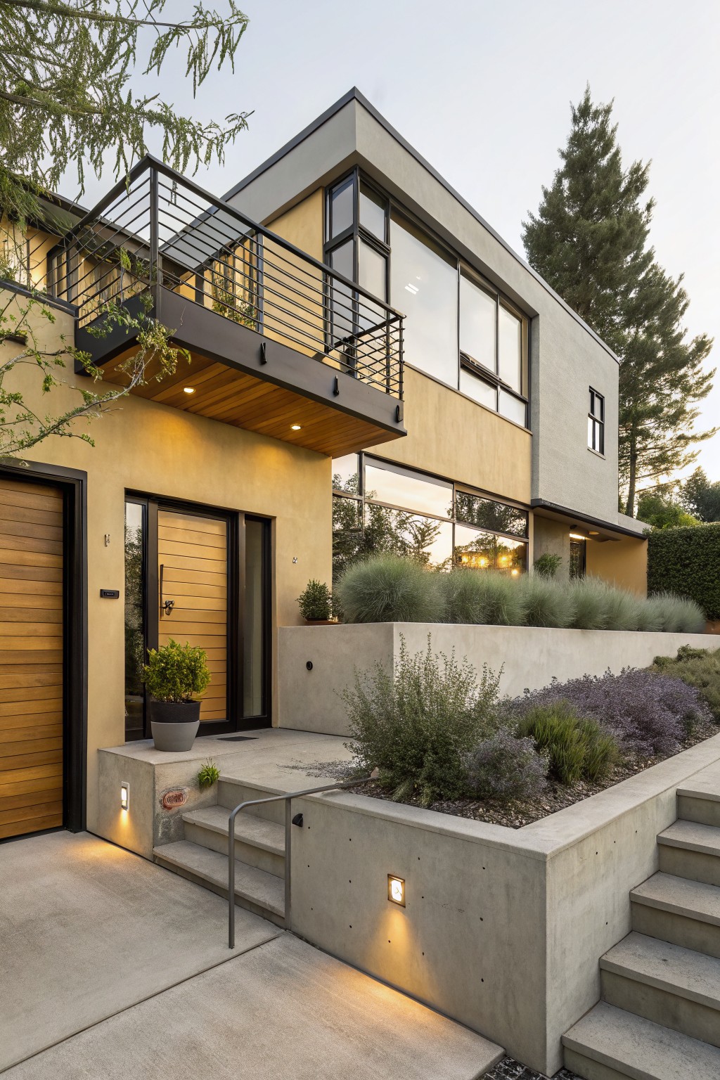 Modern two-story house exterior with yellow stucco walls, black metal balcony railing, wooden front door, concrete steps and retaining walls, low planting beds, and surrounding trees at dusk.