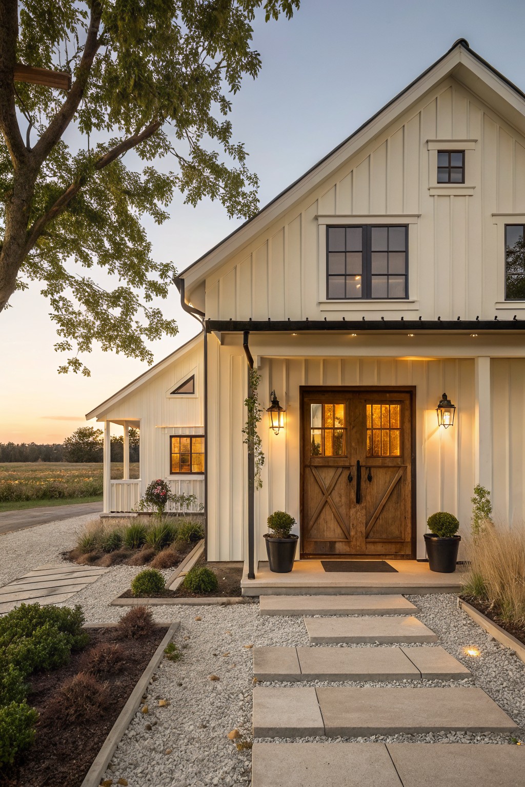 White shiplap farmhouse exterior with wooden X-braced double doors at the entry, flanked by lanterns, a covered porch, stone pathway, and gravel landscaping at sunset.