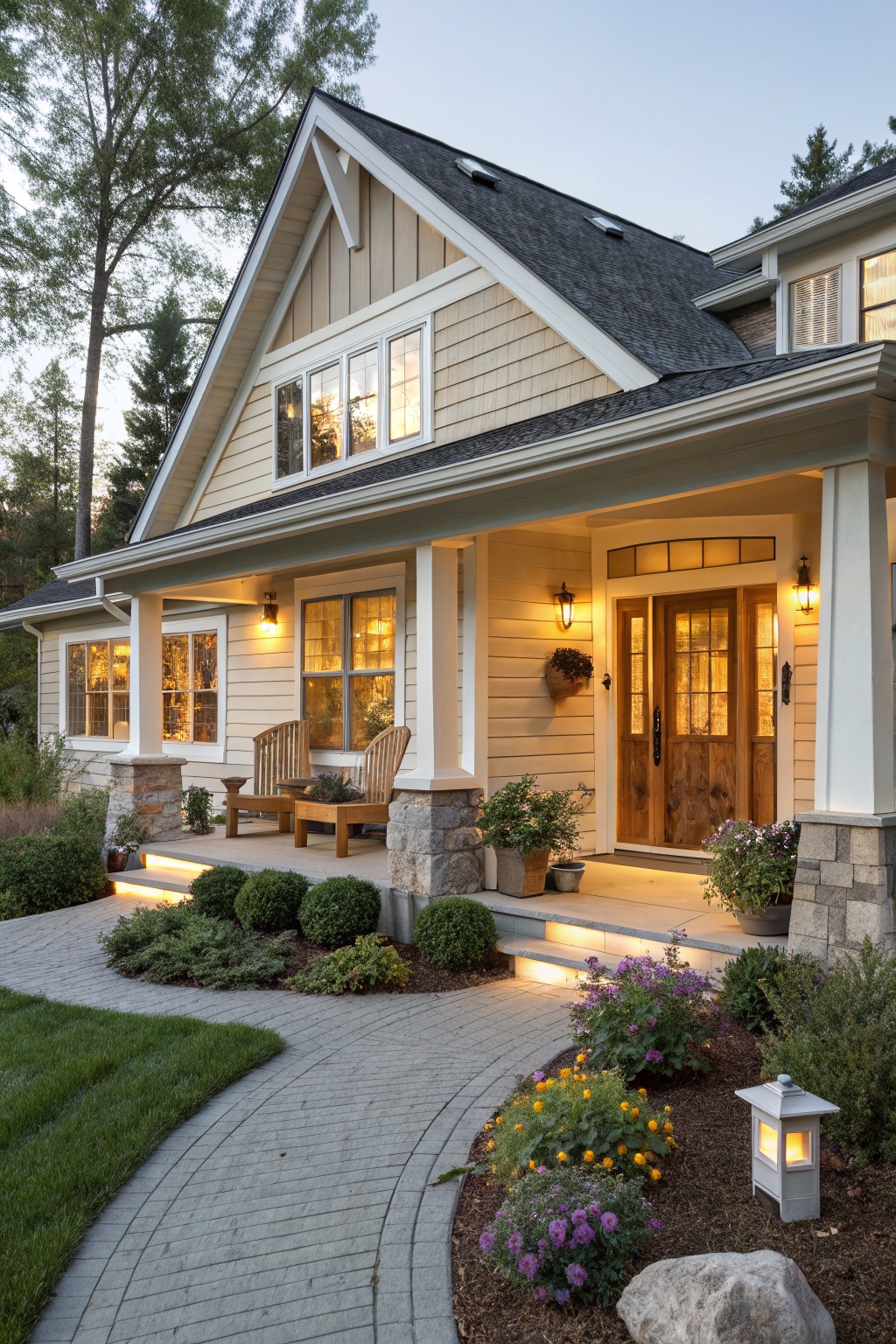 Two-story beige shingle-style house with gabled roof, covered front porch supported by stone-based columns, Adirondack chairs, potted plants, lanterns, wooden entry door, and curved brick pathway with gardens leading to the steps at evening.