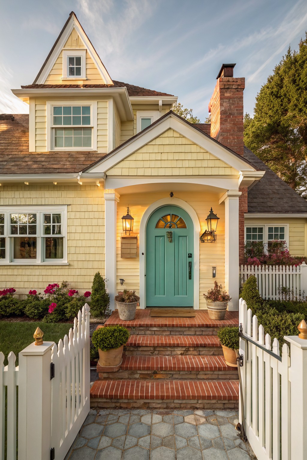 Yellow shingled house exterior with turquoise arched front door, white columns on porch, brick steps, white picket fence, potted plants, and flower beds in front yard.